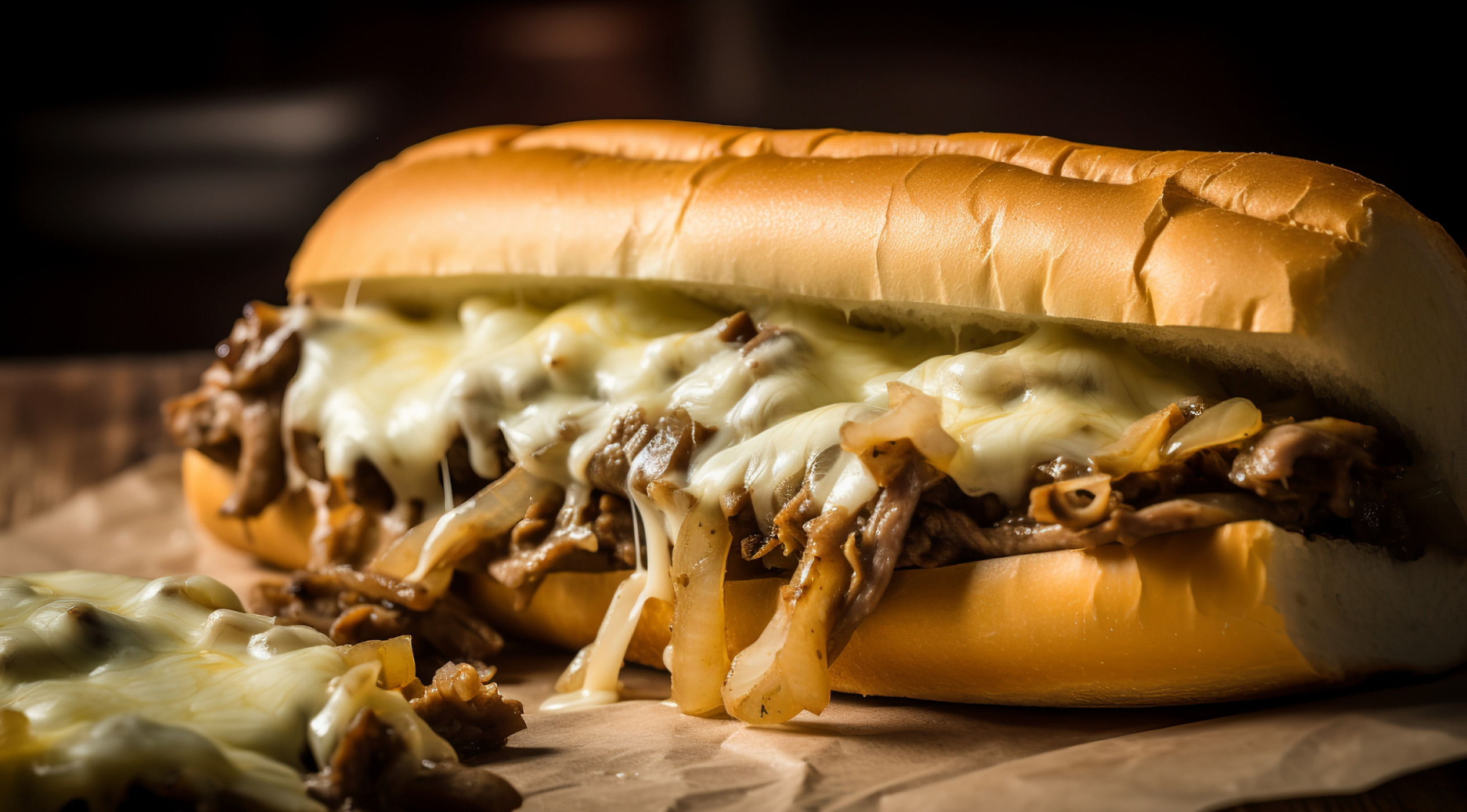 Philly Cheese Steak Sandwich on parchment paper with lots of cheese and onions on top